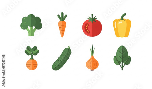 Vegetable icon set flat vector with broccoli carrot tomato pepper cucumber onion spinach