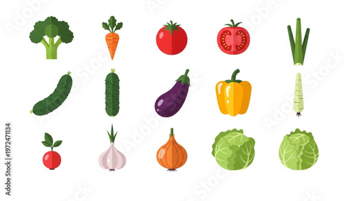 Vegetables vector set with broccoli carrot tomato cucumber and fresh organic food icons