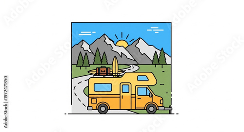 Yellow RV Camper Van with Surfboard on Mountain Road Trip.
