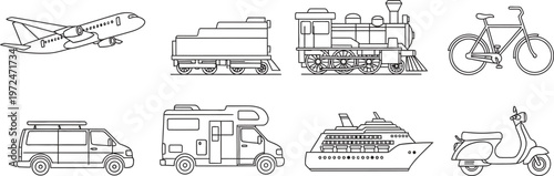 Set of minimalist line art transportation icons featuring airplane train ship and various road vehicles perfect for travel logistics and web design projects