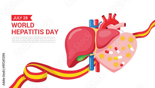 World hepatitis day awareness poster featuring human liver organ wrapped in red and yellow ribbon vector design