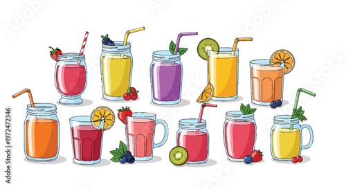 Set of Fresh Fruit Smoothies and Healthy Juice Drinks in Glass Jars