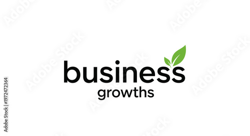 Business growths text with a green leaf icon symbolizing positive business development and sustainability on an isolated white background.