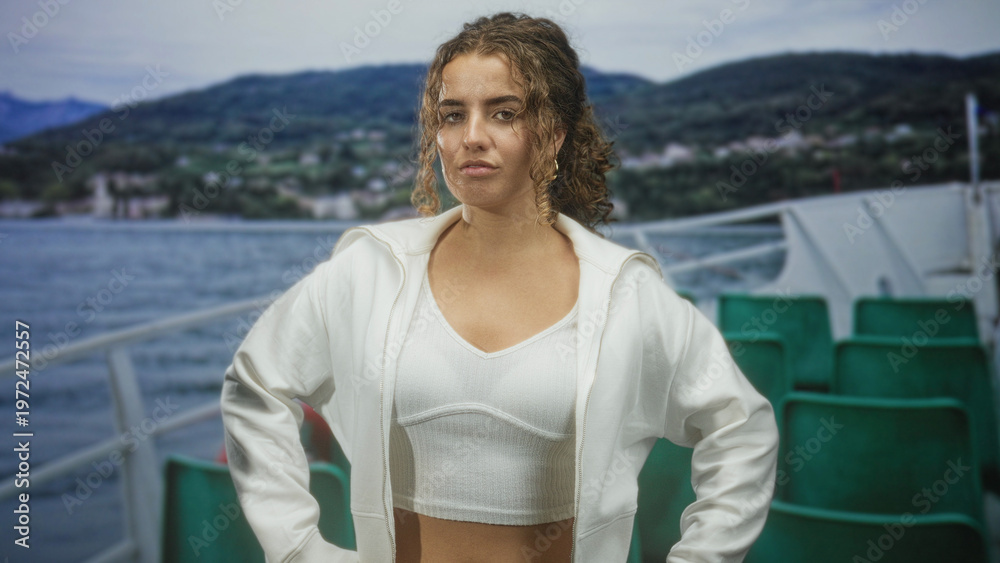 Fototapeta premium Woman with midriff visible, hands on hips facing camera on a ferry deck near water and hills; confidence adventure travel.