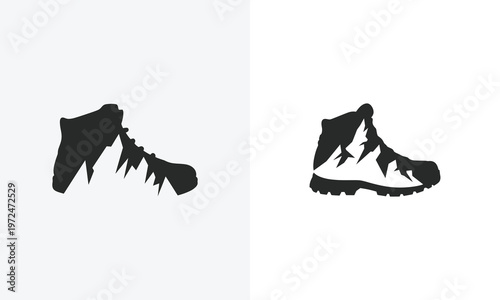 Hiking boots with mountain silhouettes for outdoor adventure and travel vector illustration symbol 