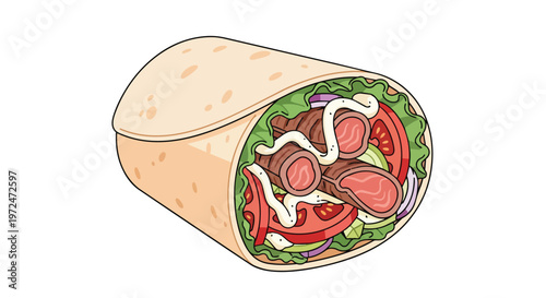 Cartoon Style Doner Kebab Wrap with Meat and Fresh Vegetables