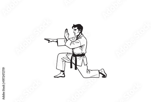 Martial arts, karate, taekwondo, fighting, black belt, vector illustration, athletic pose