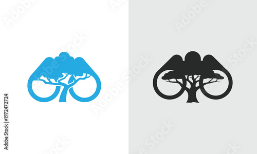Vector illustration of tree and mountain logo, Eco friendly symbol, Nature conservation icon, Blue and black vector illustration symbol 