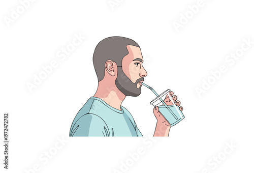 Man drinking through straw, beverage illustration, vector graphic, refreshing drink concept, thirsty male