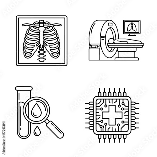 A quartet of medical diagnostic icons featuring imaging, laboratory testing, and advanced health technology integrations. icon Vector illustration