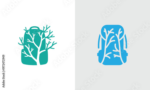 Eco friendly backpacks with tree branches vector icons, Sustainable travel concept vector illustration symbol 