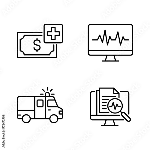 A practical set of four medical icons covering financial aspects, patient monitoring, emergency services, and digital record analysis. icon Vector illustration