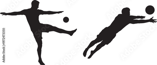 Dynamic soccer players executing a kick and diving save during a match Vector