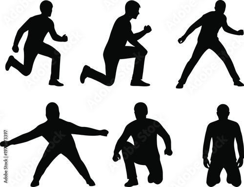 Six silhouettes demonstrating various running and falling postures Vector