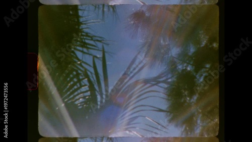 Low angle shot of sunlight flaring through palm tree leaves. The footage has a vintage, retro 8mm film aesthetic with light leaks, film grain, and sprocket holes visible