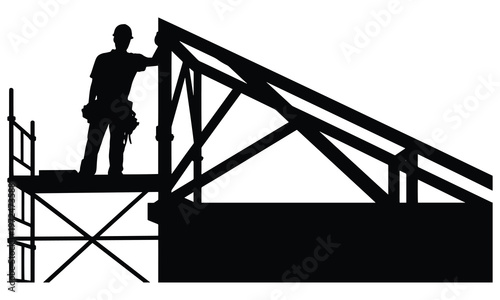 Construction worker silhouette on scaffolding, inspecting roof truss, symbolizing structural integrity and planning.