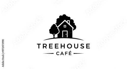Treehouse Cafe Logo: Cozy house silhouette with trees, simple and modern design
