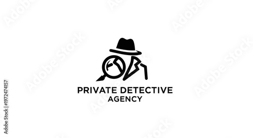 Private Detective Agency Logo: Magnifying Glass, Fedora Hat, Silhouette