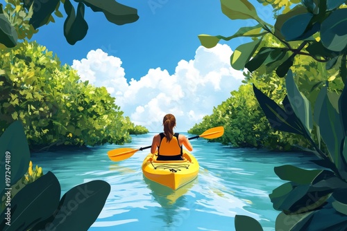 Female kayaker in tropical mangrove waterway amidst lush foliage