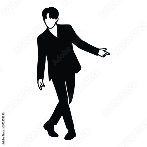 Minimalist vector silhouette of a male K-pop idol in a suit performing a dance choreography move, isolated on white background