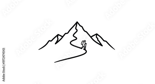 Minimalist hiker silhouette ascending a mountain path, line art, adventure concept