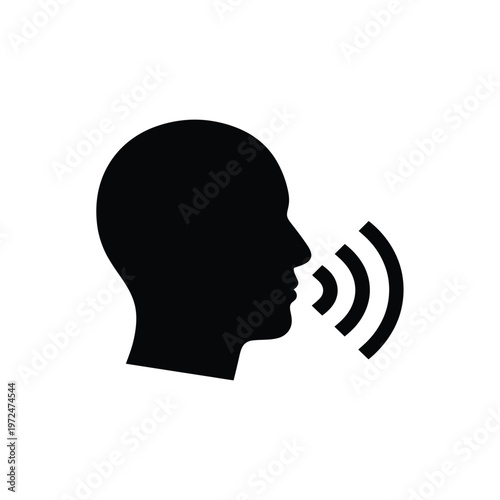A minimalist black silhouette depicts a human head in profile with sound waves emanating from the mouth