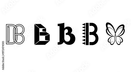 Collection of four different styled letter bs and a butterfly