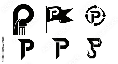 Collection of stylized letter p logos and icons in various designs