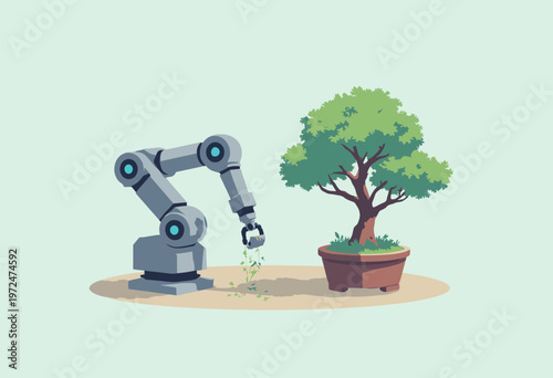 clean isometric graphic robotic arm carefully pruning small, perfect geometric bonsai tree Automation meets nature concept Sleek grey vibrant green palette Space copy