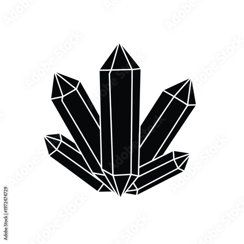 A striking black and white illustration depicts a cluster of geometric crystal formations sharply defined and stylized high quality