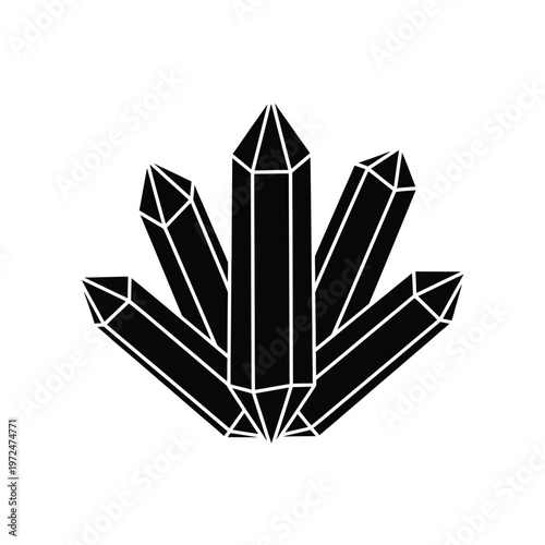 A striking black and white illustration depicts a cluster of geometric crystalline formations against a plain background