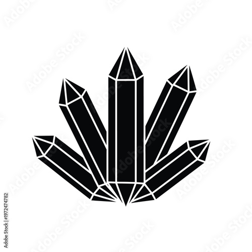 A striking black and white illustration depicts a cluster of sharply defined geometric crystal formations high quality professional detailed