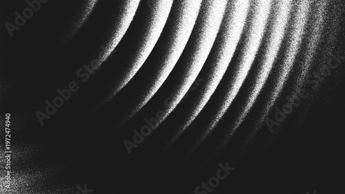 Grainy black and white background with concentric circular waves, glowing highlights and spiral ripples created from thousands of individual dots. Glares create an illusion of depth and optical motion