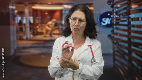 Fotografie Woman doctor in white coat with stethoscope clasps her wrist in apparent pain while standing in a hospital building lobby with blurred seating; concern compassion