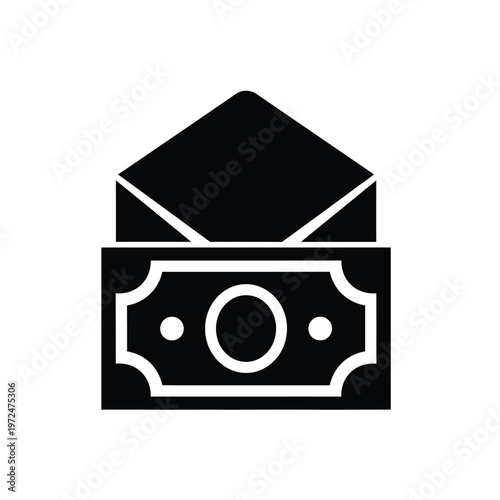 A simple black and white icon depicts an open envelope with a dollar sign inside it