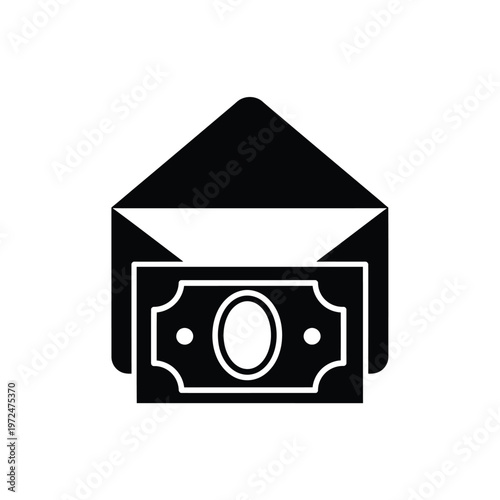 A simple black and white icon depicts an open envelope with a banknote visible inside high quality