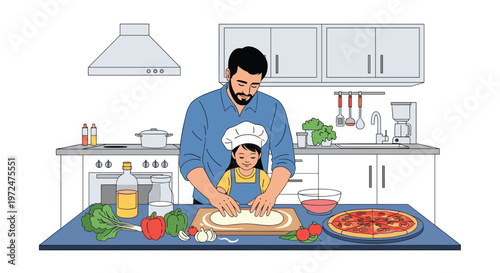 Father and daughter collaboratively make pizza in a modern kitchen, sharing a fun and educational cooking experience together.