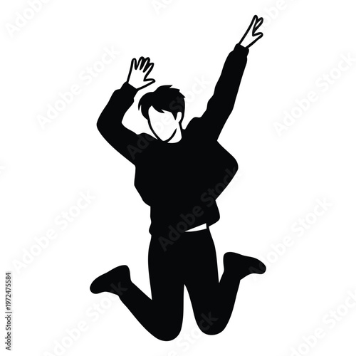 Minimalist vector silhouette of a male K-pop idol jumping in excitement, energetic boy group member performing on stage, isolated on white background