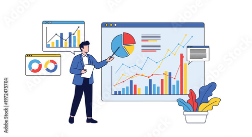 Businessman presents various charts and graphs on a large screen, illustrating a successful business presentation and data-driven insights with clarity.