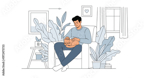 Man gently pets his sleeping cat while relaxing comfortably in an armchair at home, showcasing a peaceful moment of companionship and domestic bliss.