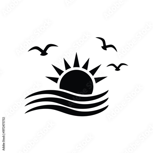 A minimalist black silhouette depicts a rising sun over ocean waves with several birds in flight