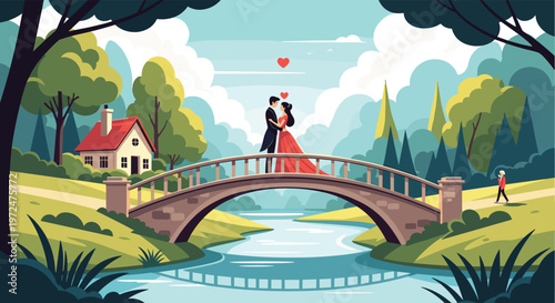 Romantic couple embraces on a charming bridge over a flowing river in a lush park, with a quaint house nestled in the distance, portraying idyllic love.