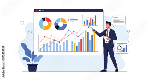 Businessman delivers a compelling presentation using large charts and graphs, effectively conveying complex data and insights to an audience.
