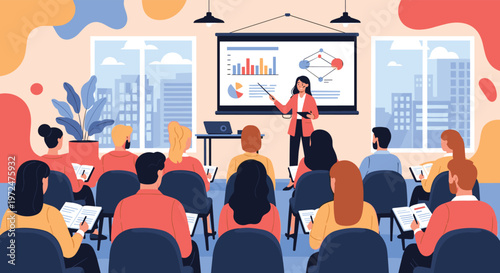 Female speaker presents data and charts on a large screen to an attentive audience in a classroom or seminar, illustrating effective business education.