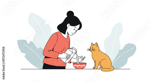 Woman gently pours milk into a bowl for her attentive cat, illustrating a sweet moment of pet care and daily domestic life with affection.