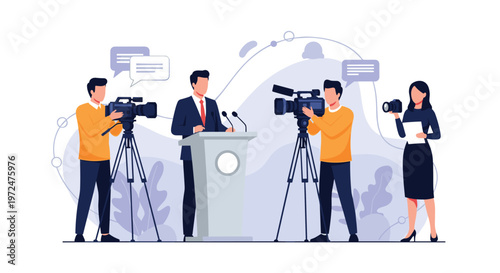 Businessman delivers a speech from a podium, surrounded by cameramen and a female journalist, highlighting a press conference or public address event.