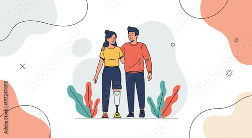 Couple stands together, with the woman featuring a prosthetic leg, celebrating inclusion, support, and love in a relationship, illustrating modern diversity.