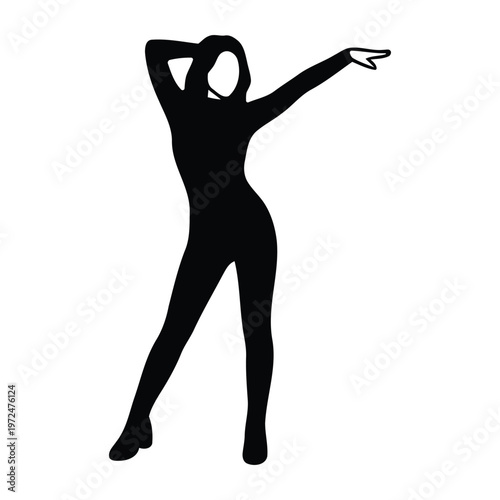 Minimalist vector silhouette of a female K-pop idol in a dynamic stage pose, elegant girl group member performing choreography, isolated on white background