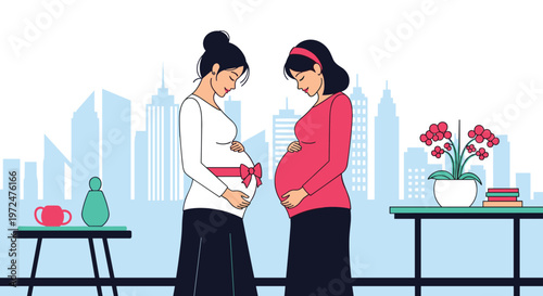 Two pregnant women stand together, gently cradling their baby bumps, celebrating the beauty of maternity and shared expectation in a cityscape backdrop.