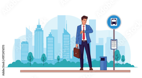 Businessman waits at a bus stop in a modern city, checking his watch, highlighting themes of punctuality, urban commute, and busy city life.